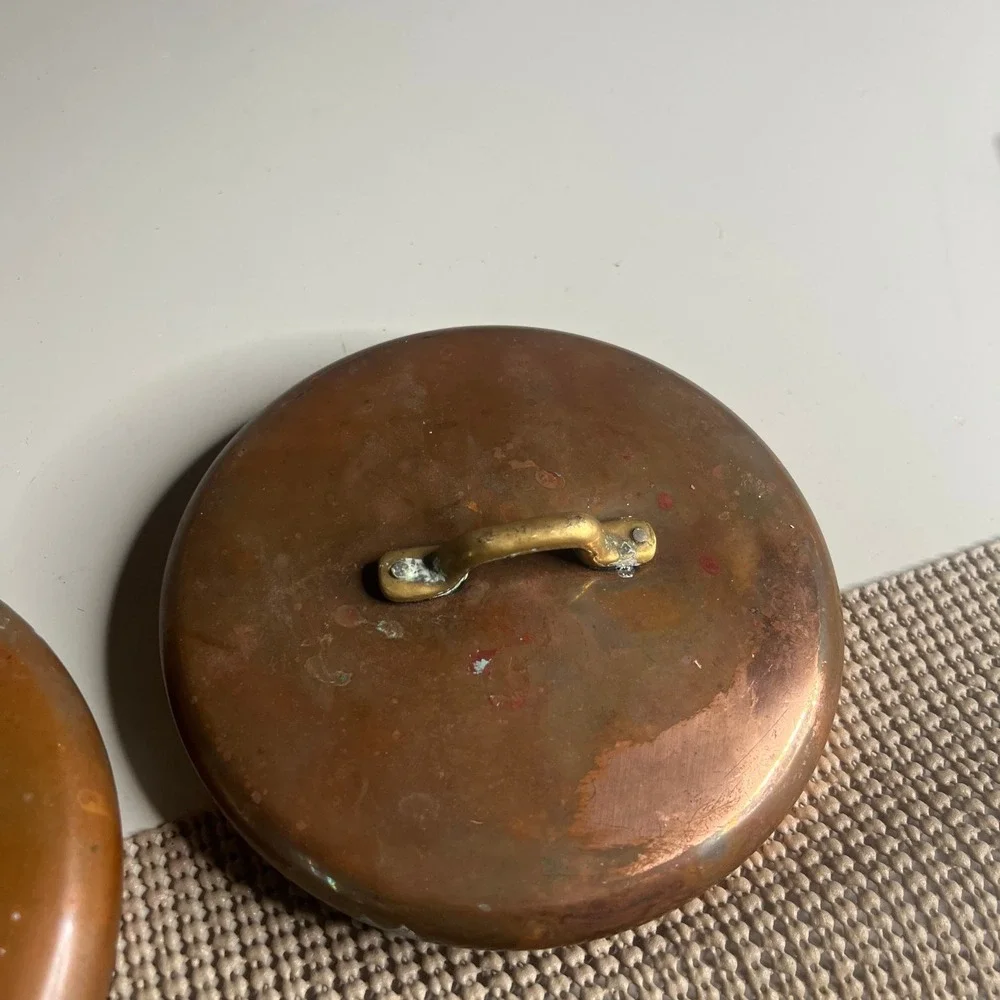 Vintage Copper Pot Lids Set of 4 Brass Handles Tin Lined French Kitchen Decor